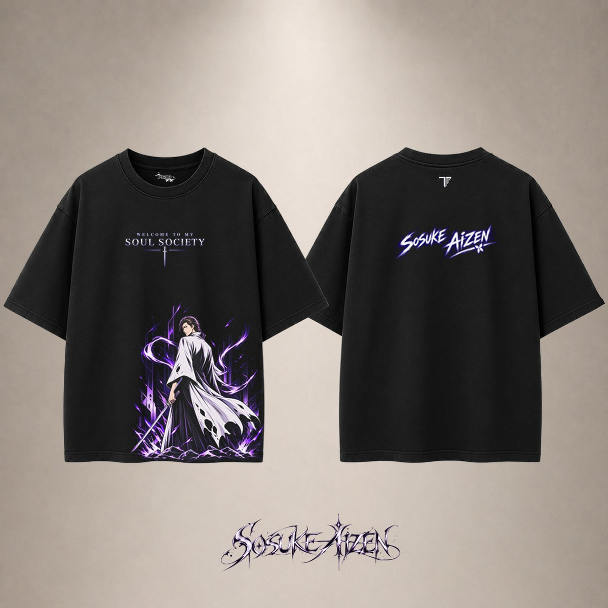 Aizen Soul Society Drop Shoulder T-Shirt — Black — front and back