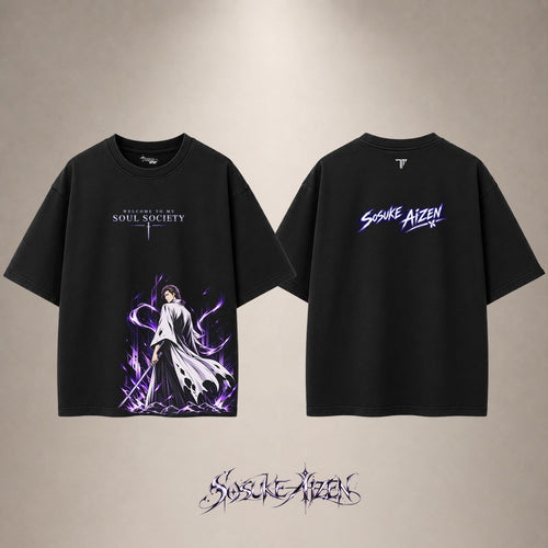 Aizen Soul Society Drop Shoulder T-Shirt — Black — front and back