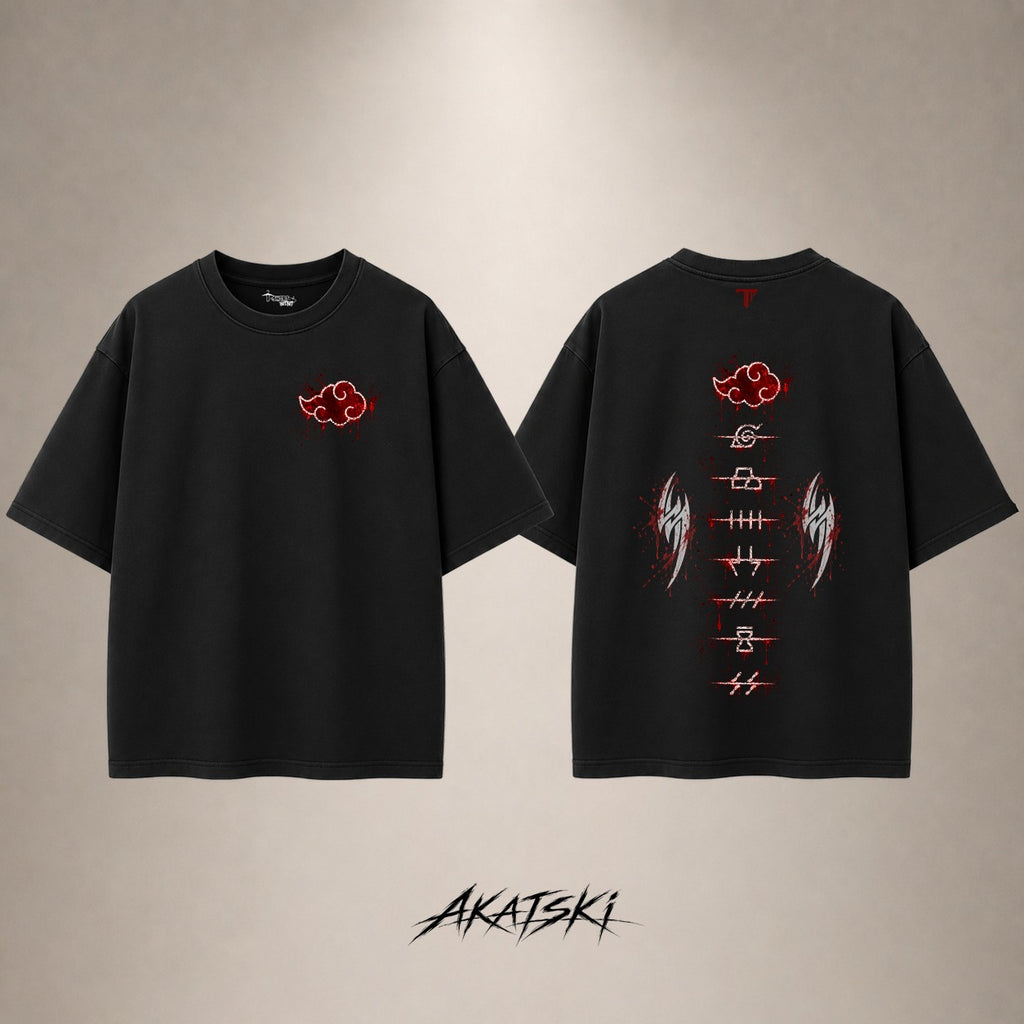 Akatsuki Red Cloud Drop Shoulder T-Shirt — Black — front and back