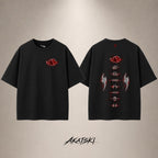 Akatsuki Red Cloud Drop Shoulder T-Shirt — Black — front and back