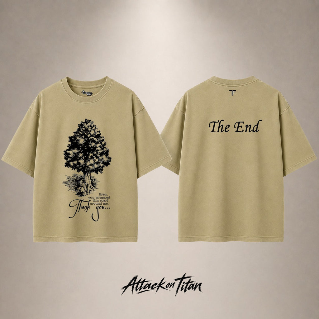 Attack on Titan The End Drop Shoulder T-Shirt — Sand — front and back