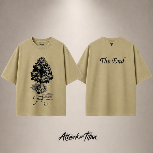 Attack on Titan The End Drop Shoulder T-Shirt — Sand — front and back