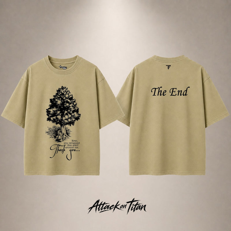 Attack on Titan The End Drop Shoulder T-Shirt — Sand — front and back