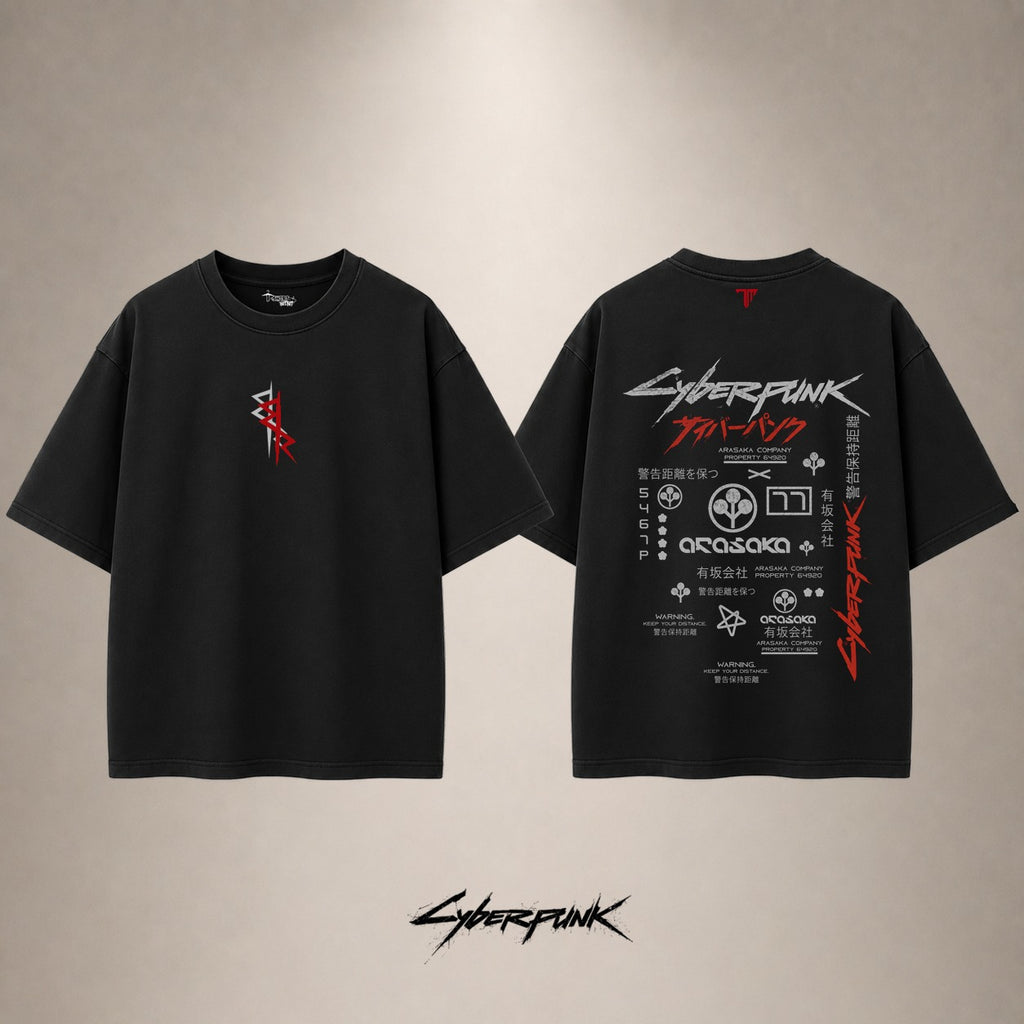 Cyberpunk Arasaka Drop Shoulder T-Shirt — Black — front and back