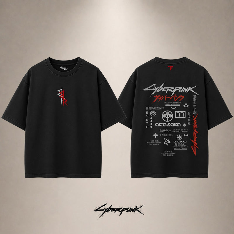 Cyberpunk Arasaka Drop Shoulder T-Shirt — Black — front and back