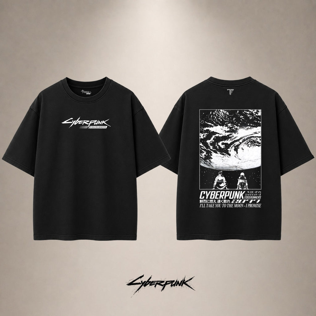 Cyberpunk Edgerunners Moon Drop Shoulder T-Shirt — Black — front and back