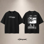 Cyberpunk Edgerunners Moon Drop Shoulder T-Shirt — Black — front and back