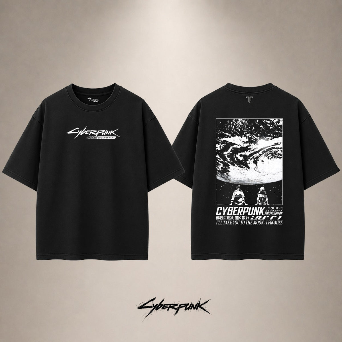 Cyberpunk Edgerunners Moon Drop Shoulder T-Shirt — Black — front and back