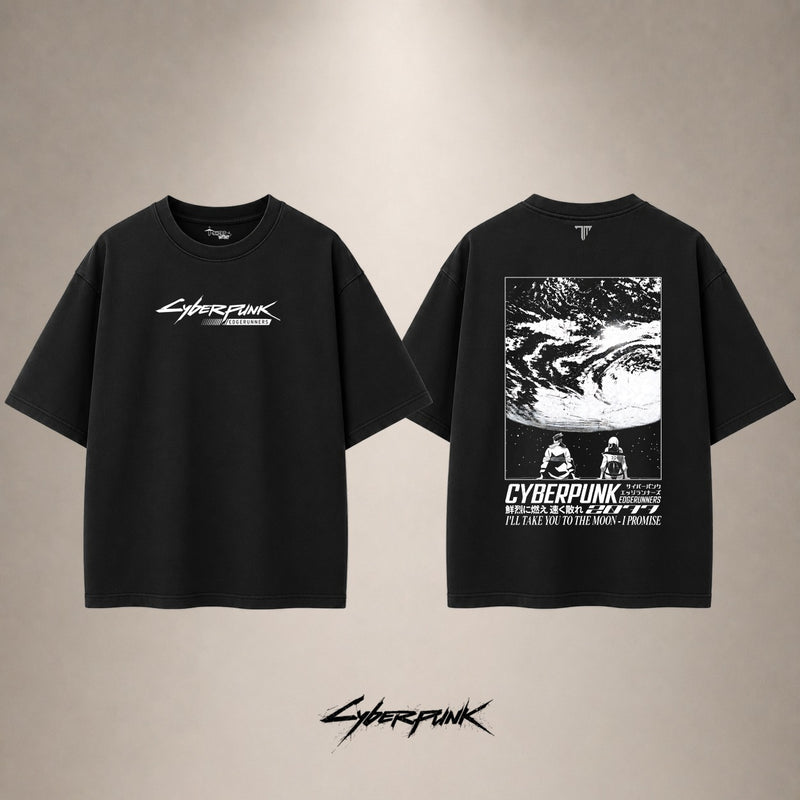 Cyberpunk Edgerunners Moon Drop Shoulder T-Shirt — Black — front and back