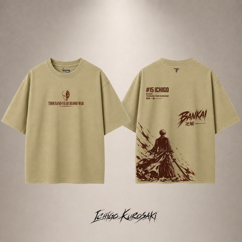 Ichigo Bankai Drop Shoulder T-Shirt — Sand — front and back