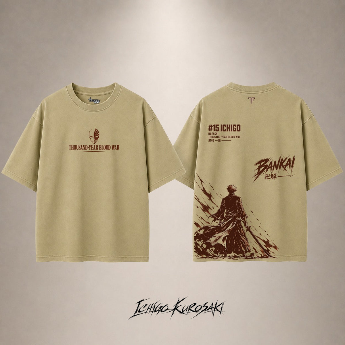 Ichigo Bankai Drop Shoulder T-Shirt — Sand — front and back