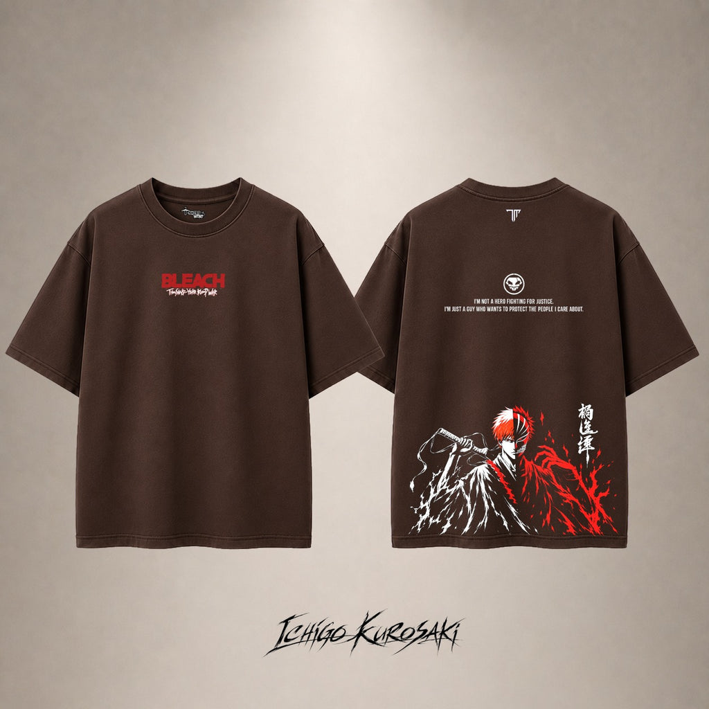 Ichigo Crimson Hollow Drop Shoulder T-Shirt — Brown — front and back