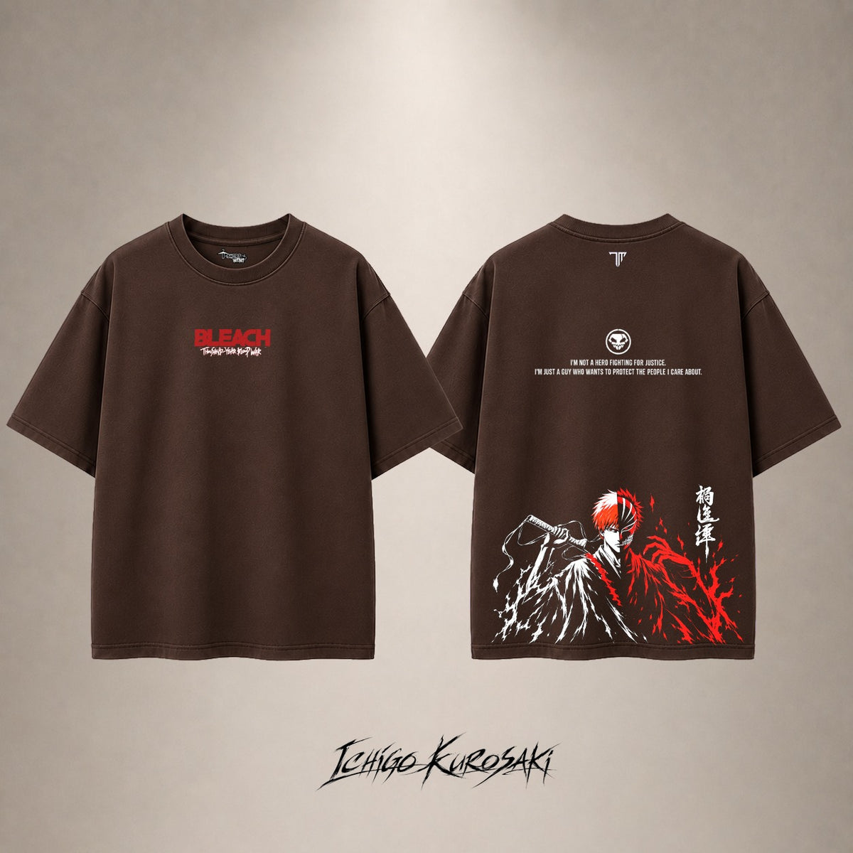Ichigo Crimson Hollow Drop Shoulder T-Shirt — Brown — front and back