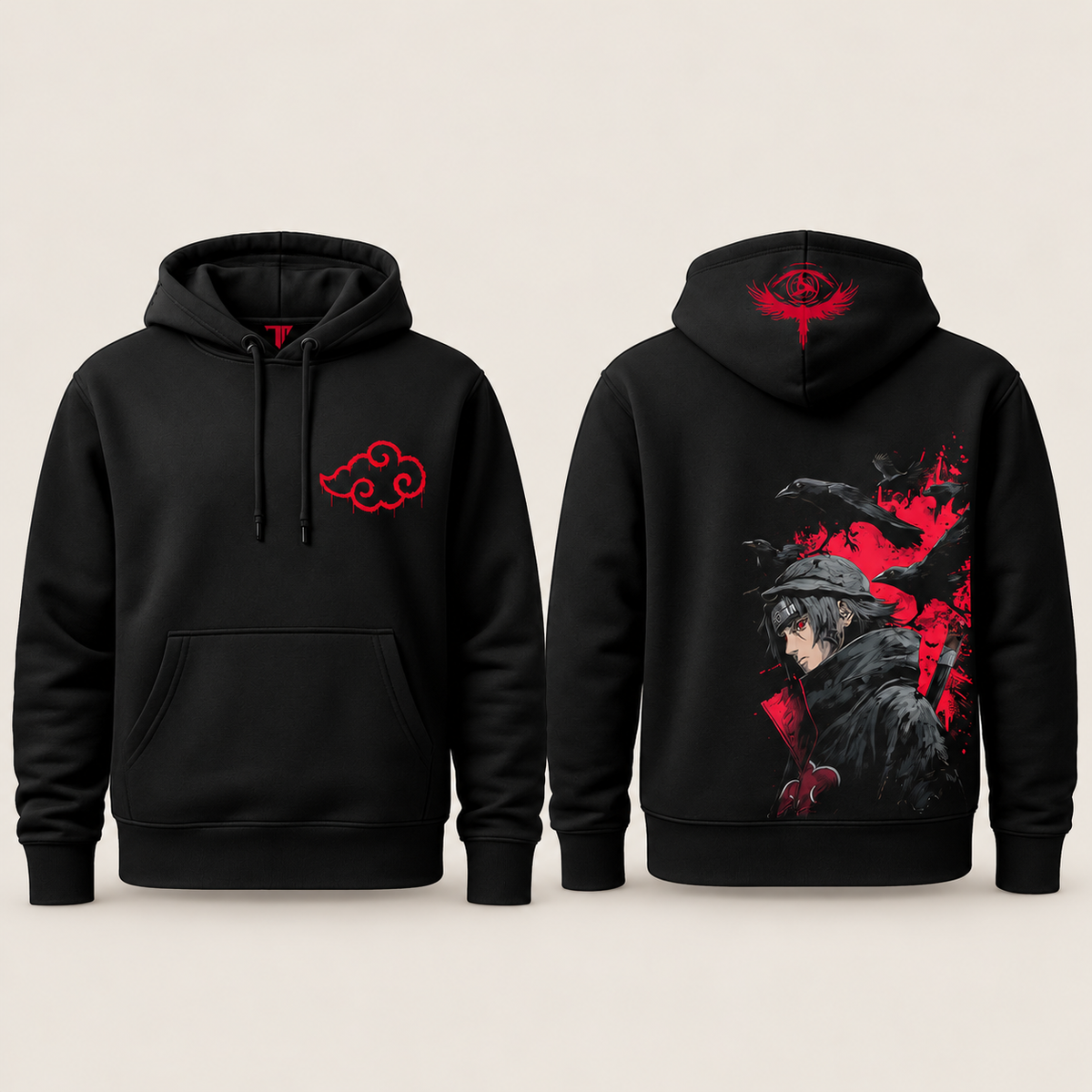 Itachi Raven Hoodie — Black front and back
