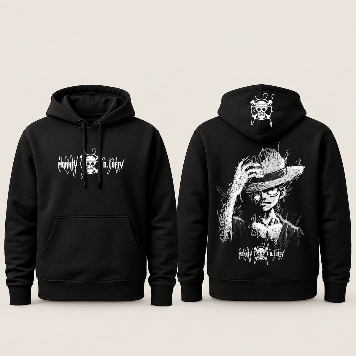 Luffy Sketch Hoodie — Black front and back