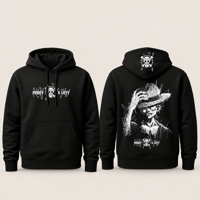 Luffy Sketch Hoodie — Black front and back