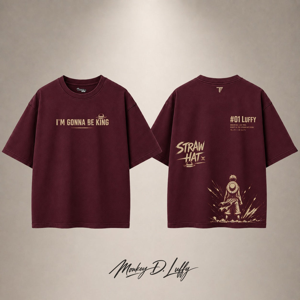 Luffy Straw Hat Drop Shoulder T-Shirt — Maroon — front and back