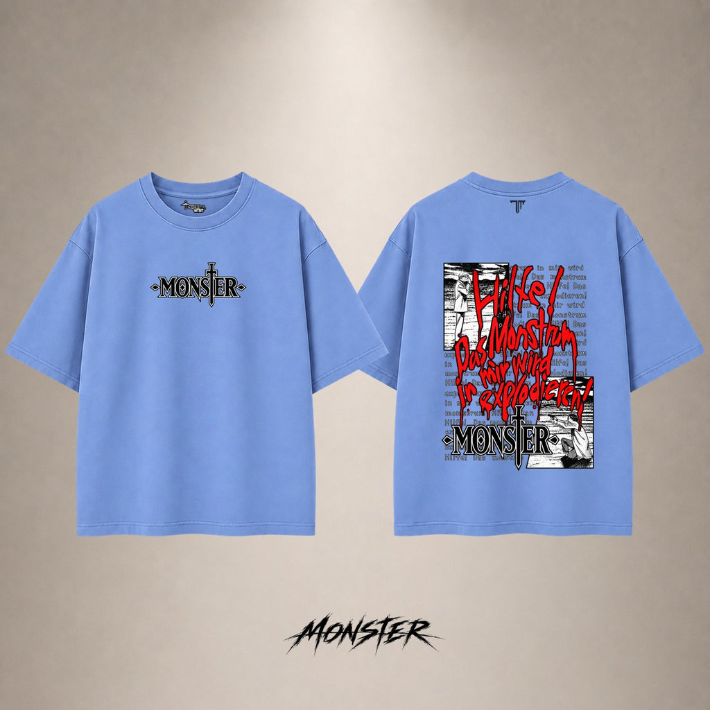 Monster Manga Drop Shoulder T-Shirt — Blue — front and back