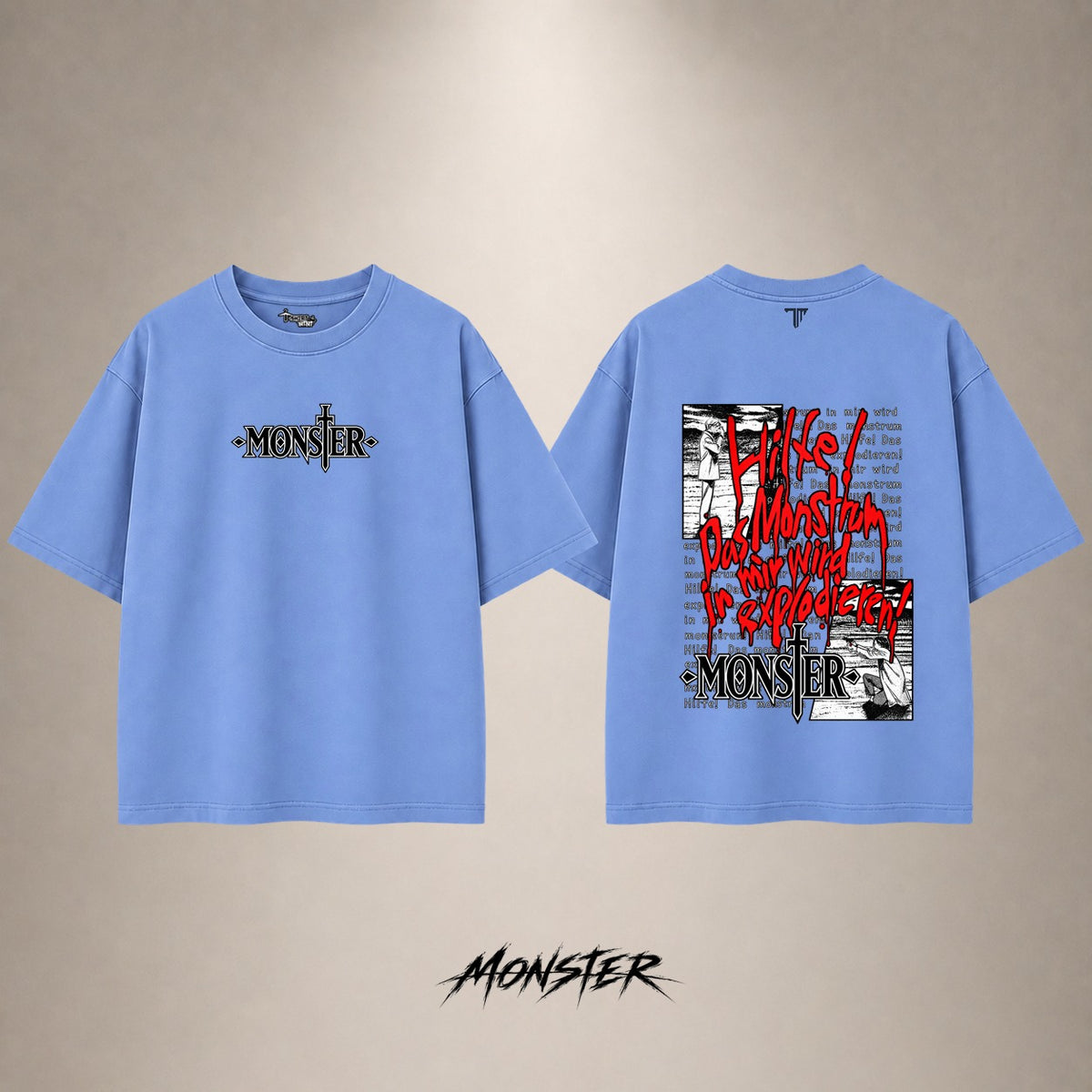 Monster Manga Drop Shoulder T-Shirt — Blue — front and back