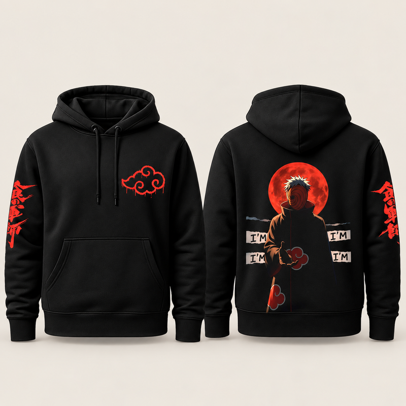 Obito Akatsuki Moon Hoodie — Black front and back