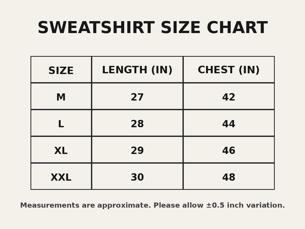 Sweatshirt size chart
