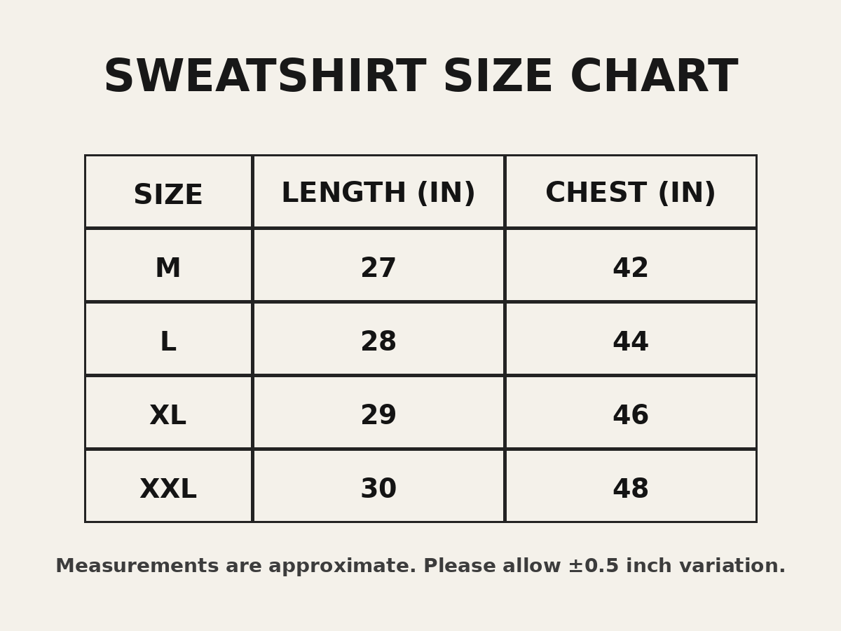 Sweatshirt size chart