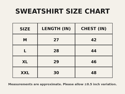 Sweatshirt size chart
