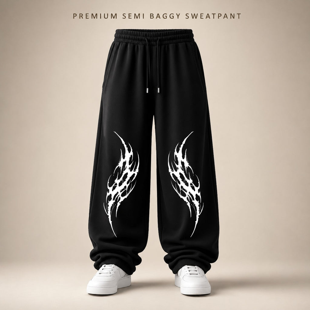 Tribal Frost Baggy Pant — Black cotton French terry graphic sweatpants