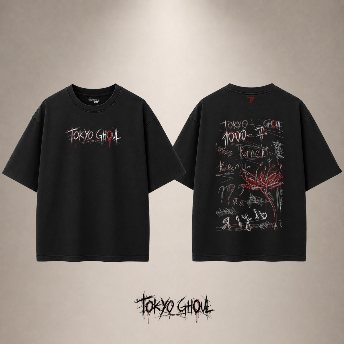 Tokyo Ghoul Red Spider Lily Drop Shoulder T-Shirt — Black — front and back