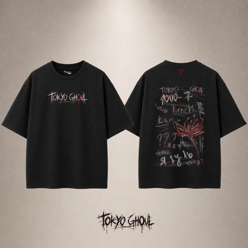 Tokyo Ghoul Red Spider Lily Drop Shoulder T-Shirt — Black — front and back
