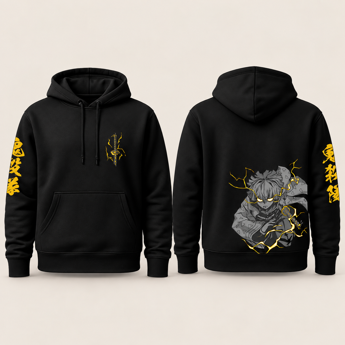 Zenitsu Thunder Hoodie — Black front and back
