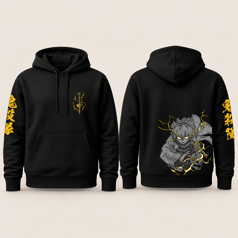 Zenitsu Thunder Hoodie — Black front and back