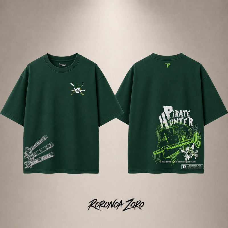 Zoro Pirate Hunter Drop Shoulder T-Shirt — Forest Green — front and back